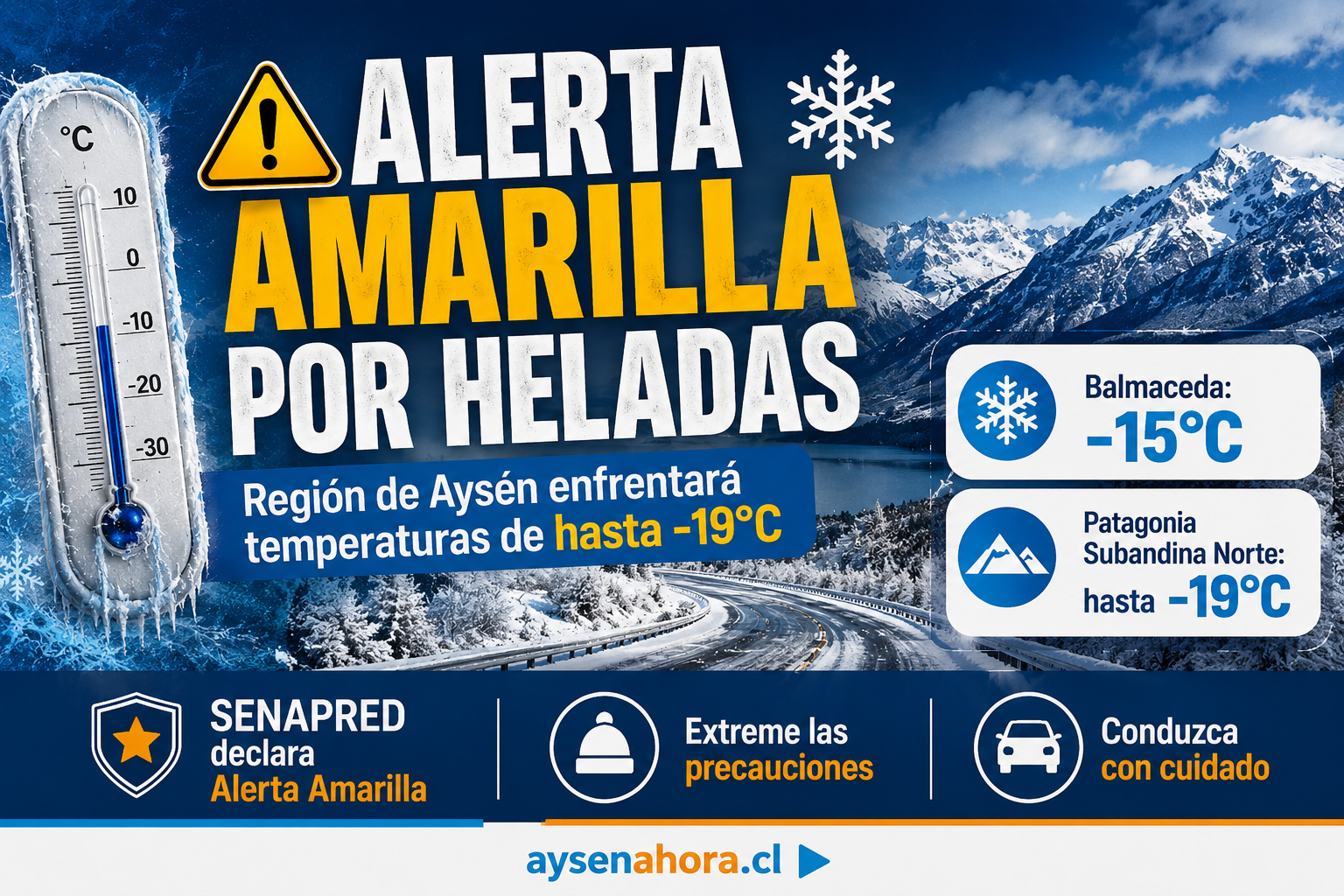 Declaran Alerta Amarilla para la Región de Aysén por intensas heladas: Balmaceda podría alcanzar entre los -19 y -15°C