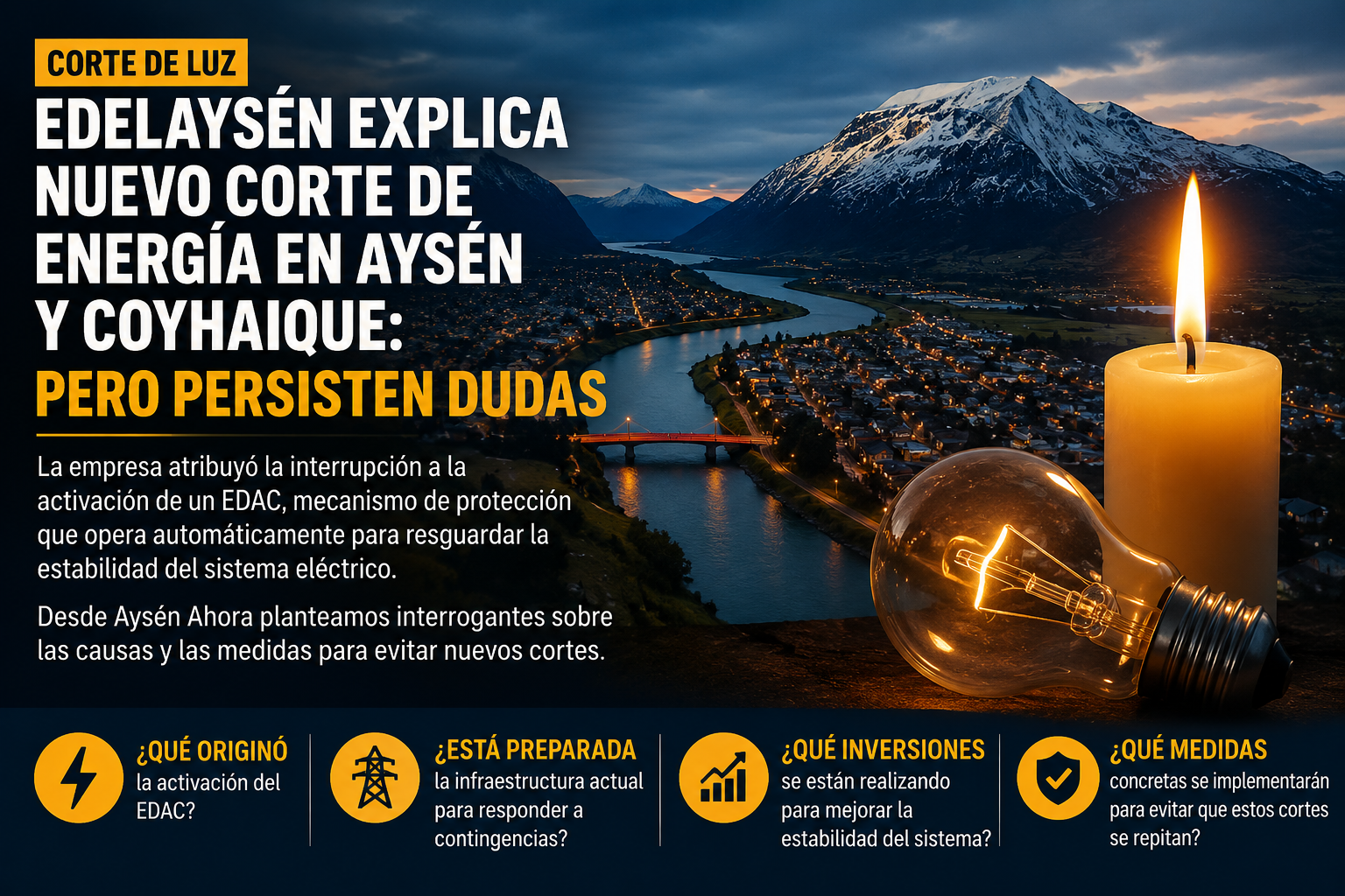 Tras nuevo corte de energía en Aysén y Coyhaique: Edelaysén explica la causa, pero persisten dudas sobre la estabilidad del sistema eléctrico