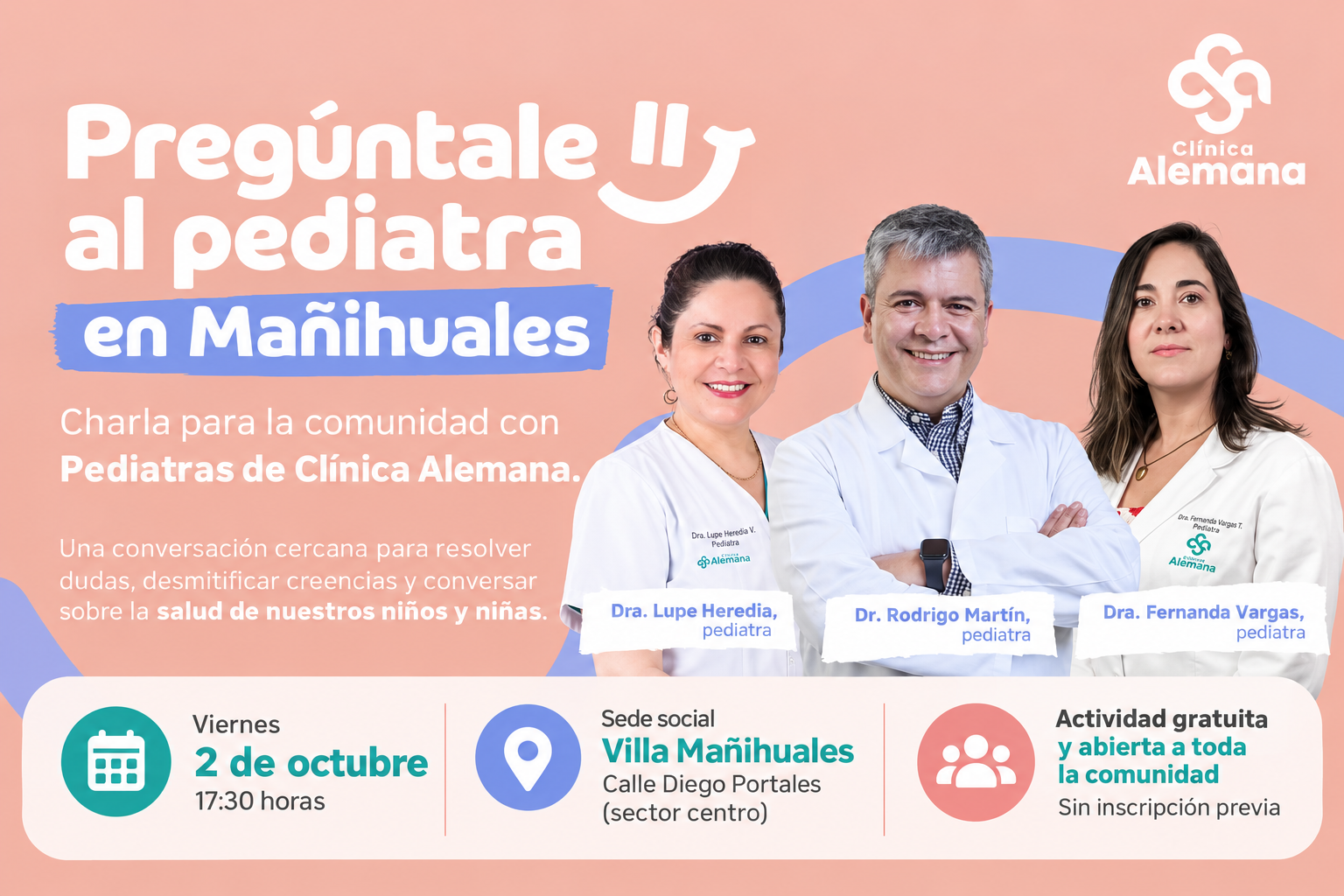 Tres pediatras de Clínica Alemana realizarán conversatorio gratuito para familias de Villa Mañihuales